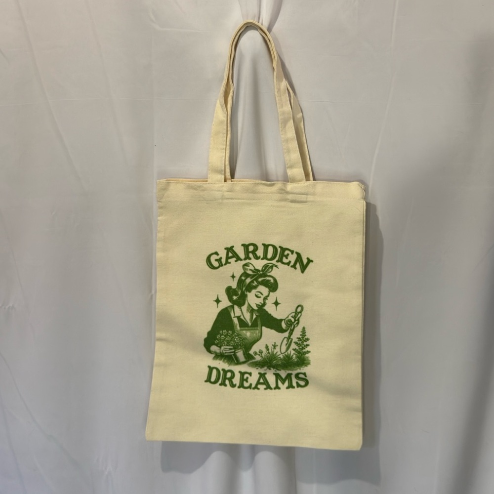 Garden Dreams Cream Tote Bag Green Graphic 14” x 11” x .5” NWOT